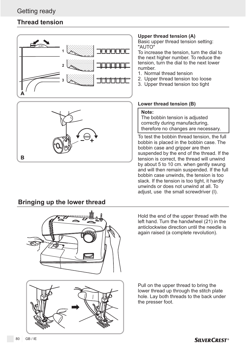 Thread tension, Bringing up the lower thread, Getting ready | Silvercrest SNMD 33 A1 User Manual | Page 80 / 94