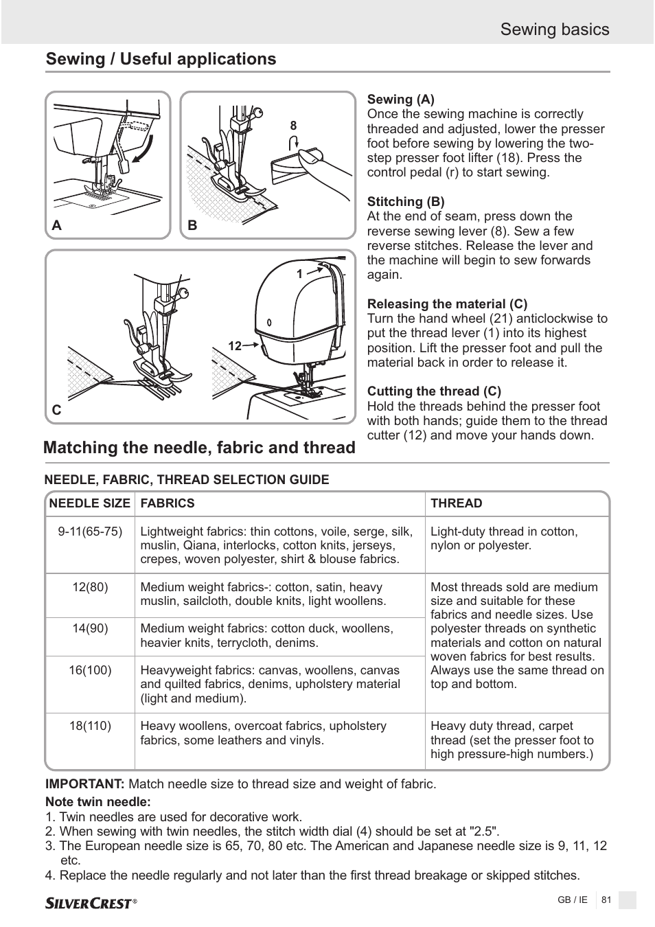 Matching the needle, fabric and thread, Sewing / useful applications, Sewing basics | Silvercrest SNMD 33 A1 User Manual | Page 81 / 94