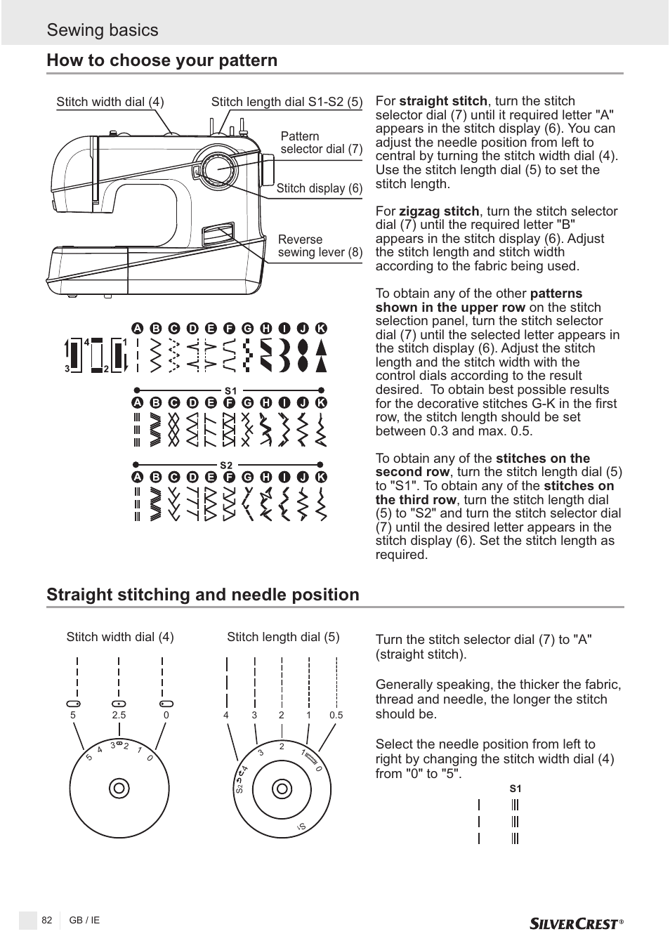 How to choose your pattern, Straight stitching and needle position, Sewing basics | Silvercrest SNMD 33 A1 User Manual | Page 82 / 94