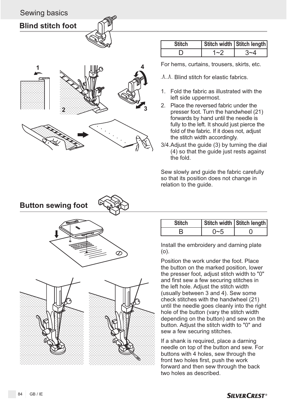 Blind stitch foot, Button sewing foot, Sewing basics | Silvercrest SNMD 33 A1 User Manual | Page 84 / 94