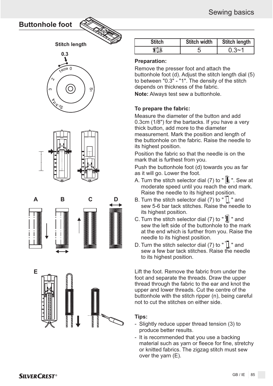 Buttonhole foot, Sewing basics | Silvercrest SNMD 33 A1 User Manual | Page 85 / 94
