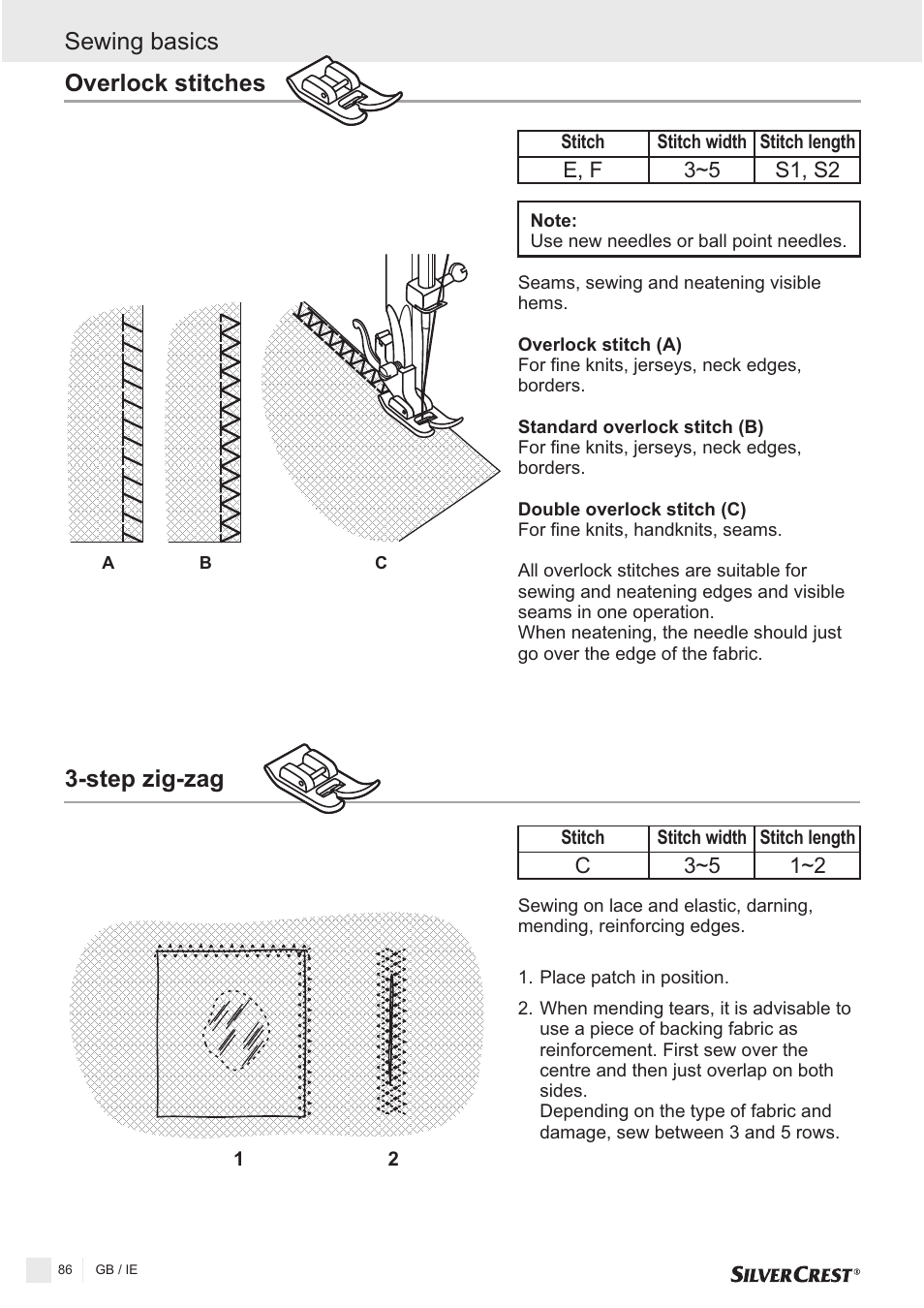 Overlock stitches, Step zig-zag sewing basics | Silvercrest SNMD 33 A1 User Manual | Page 86 / 94