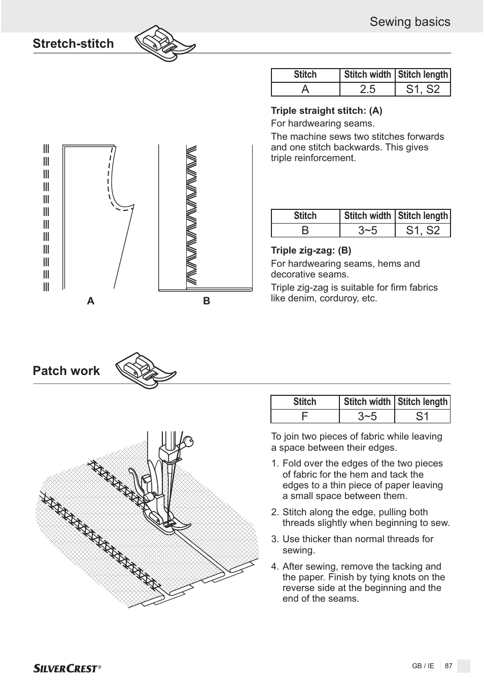 Patch work, Sewing basics stretch-stitch | Silvercrest SNMD 33 A1 User Manual | Page 87 / 94