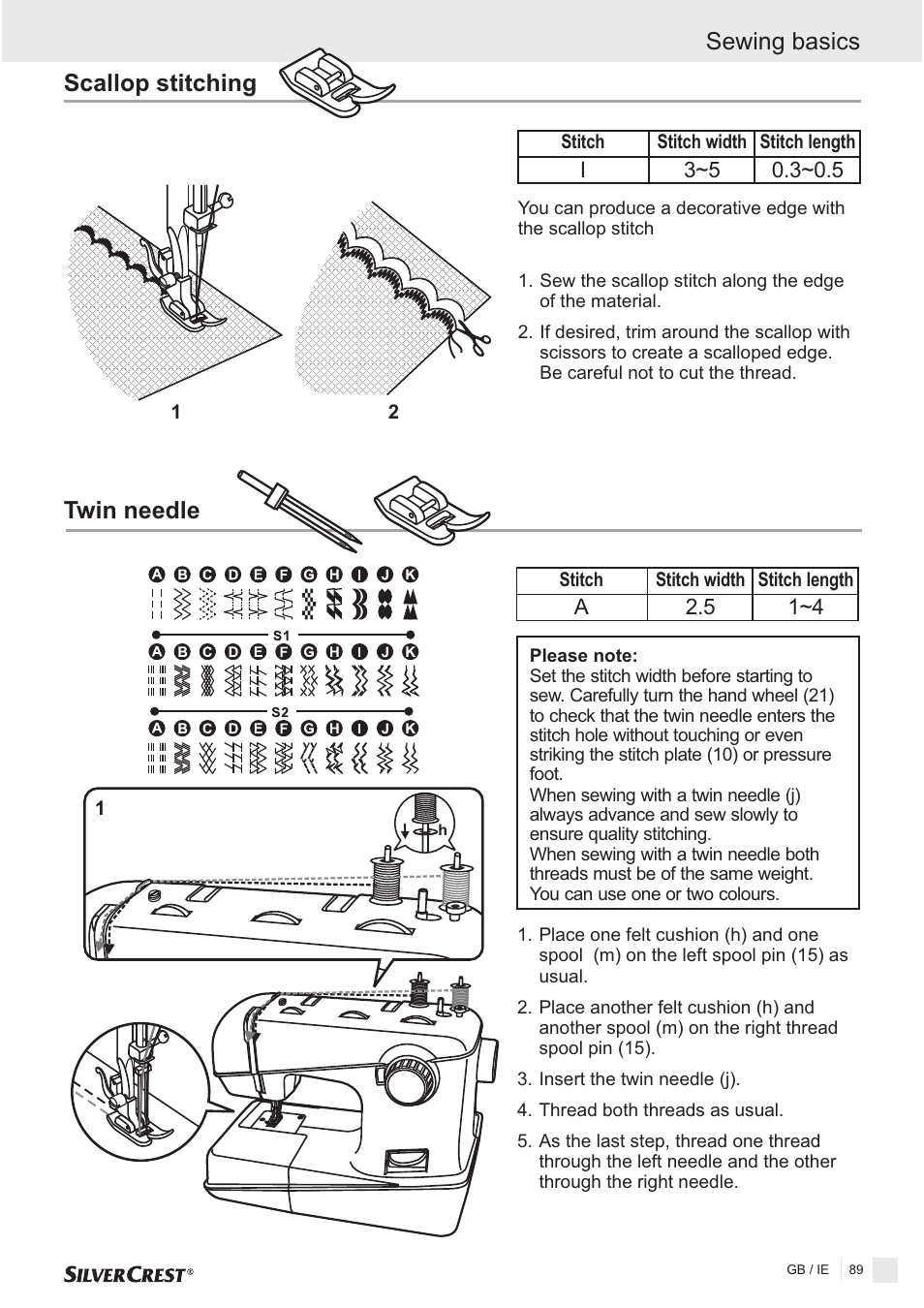 Scallop stitching, Sewing basics twin needle | Silvercrest SNMD 33 A1 User Manual | Page 89 / 94