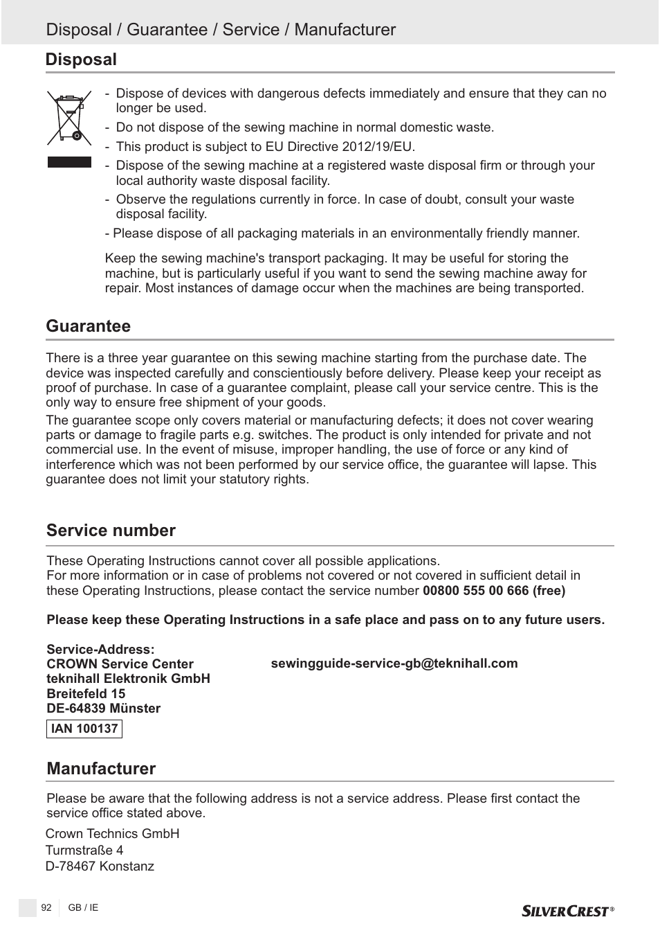 Service number, Guarantee | Silvercrest SNMD 33 A1 User Manual | Page 92 / 94