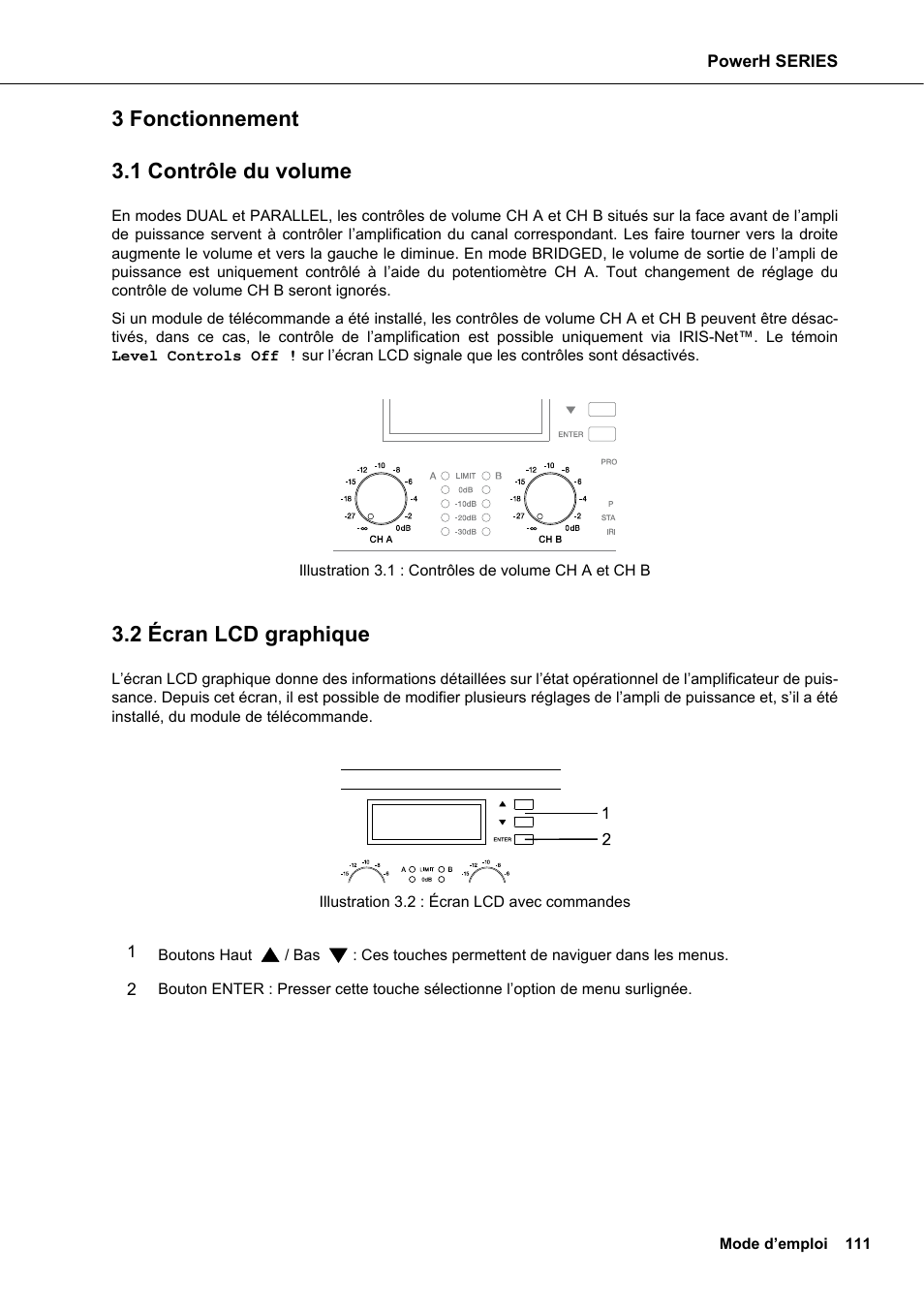 3 fonctionnement, 1 contrôle du volume, 2 écran lcd graphique | Fonctionnement, Contrôle du volume écran lcd graphique, 3 fonctionnement 3.1 contrôle du volume | Dynacord H 2500 User Manual | Page 111 / 148