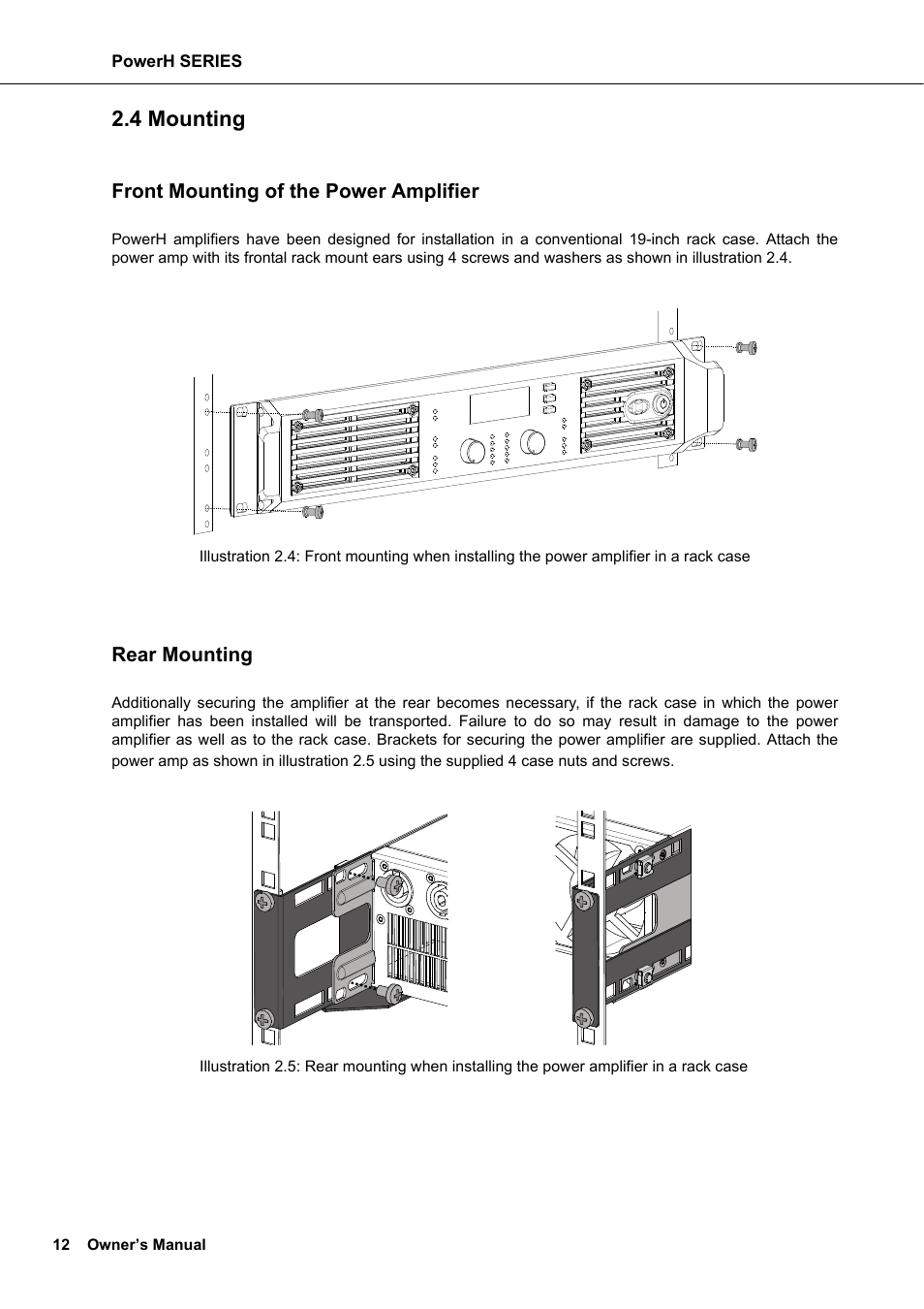 4 mounting, Front mounting of the power amplifier, Rear mounting | Mounting | Dynacord H 2500 User Manual | Page 12 / 148