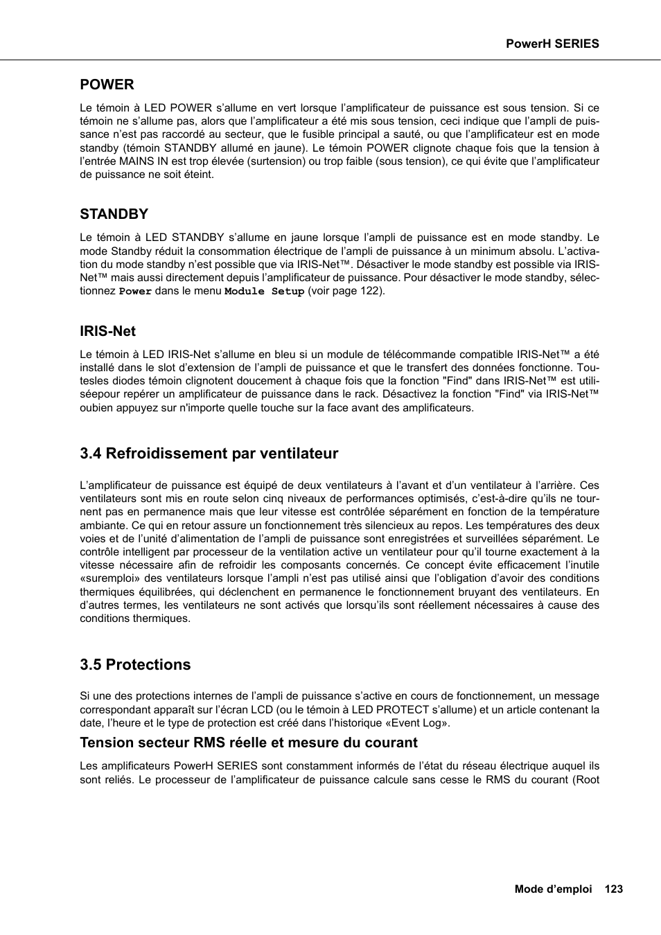 Power, Standby, Iris-net | 4 refroidissement par ventilateur, 5 protections, Tension secteur rms réelle et mesure du courant, Refroidissement par ventilateur protections | Dynacord H 2500 User Manual | Page 123 / 148