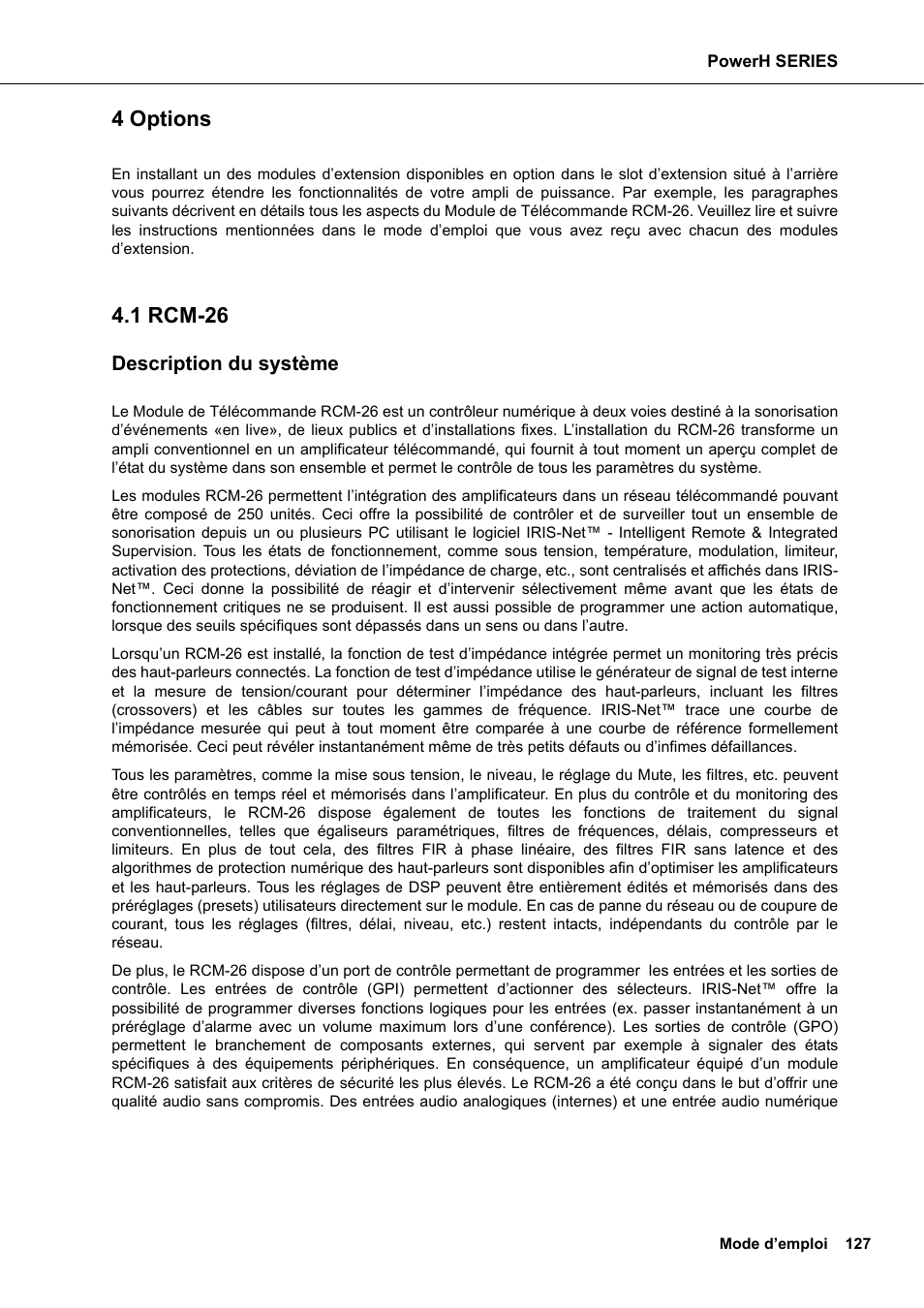 4 options, 1 rcm-26, Description du système | Options, Rcm-26 | Dynacord H 2500 User Manual | Page 127 / 148