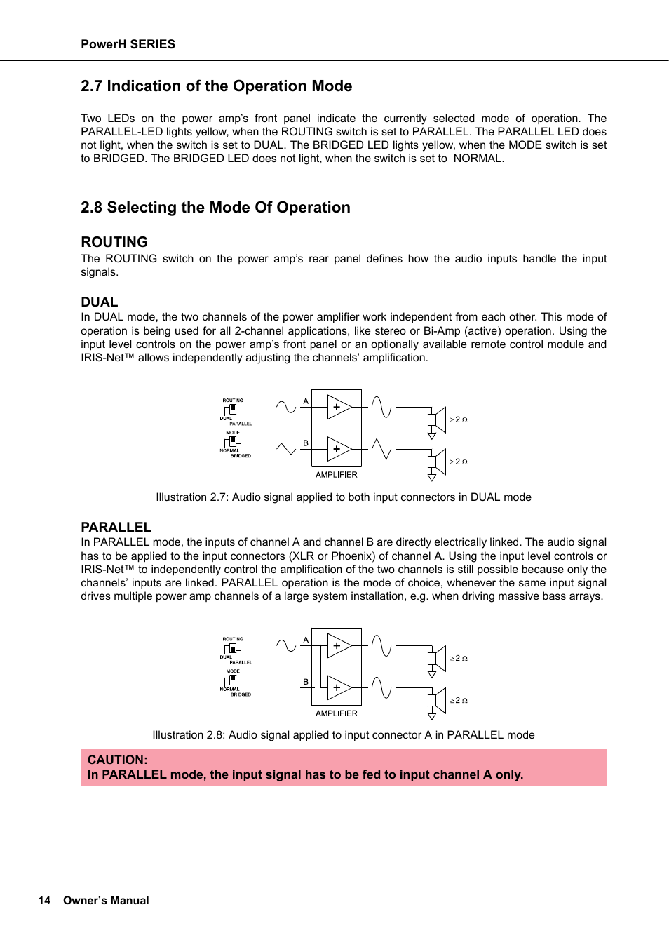 7 indication of the operation mode, 8 selecting the mode of operation, Routing | Dynacord H 2500 User Manual | Page 14 / 148
