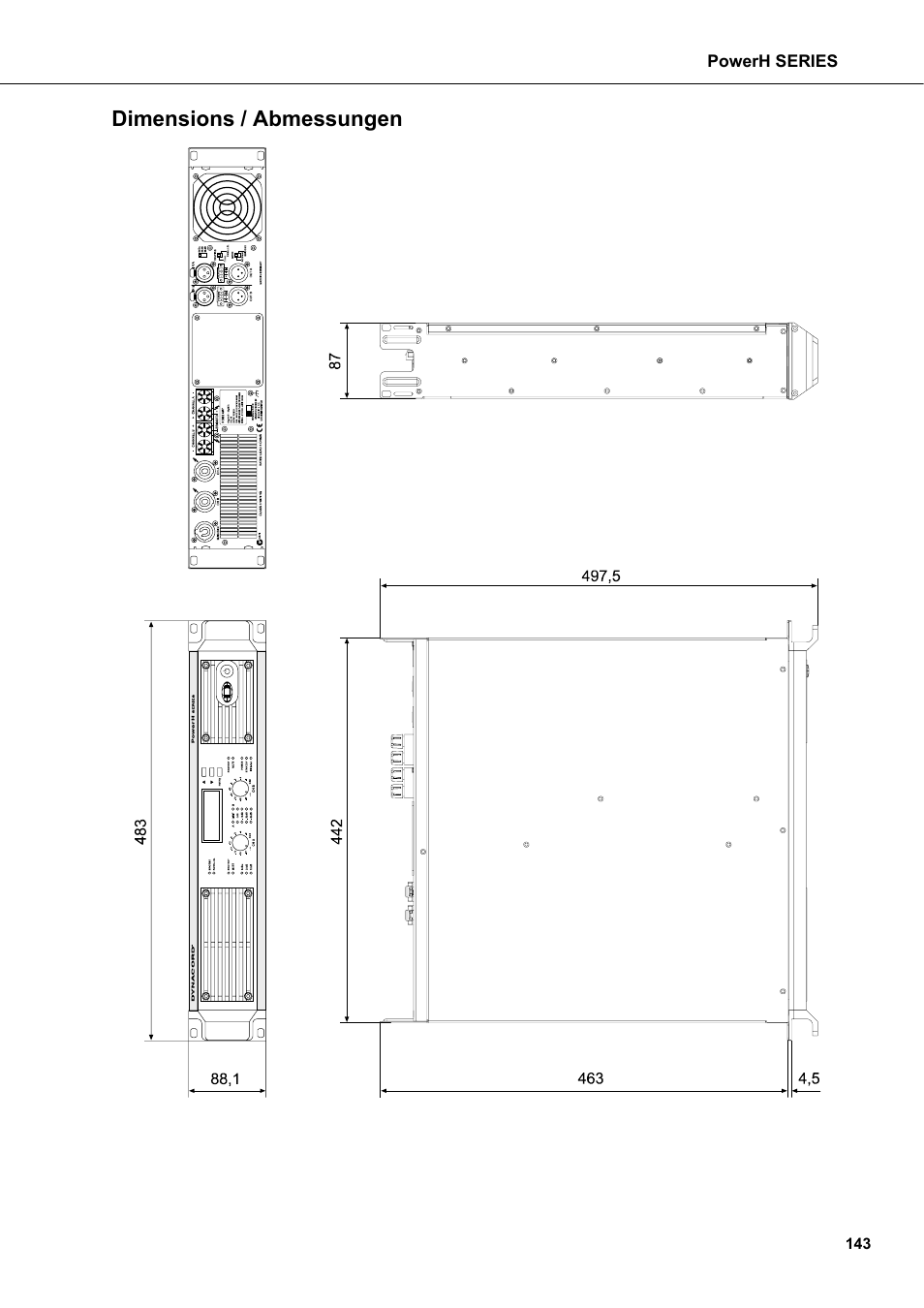 Dimensions / abmessungen | Dynacord H 2500 User Manual | Page 143 / 148