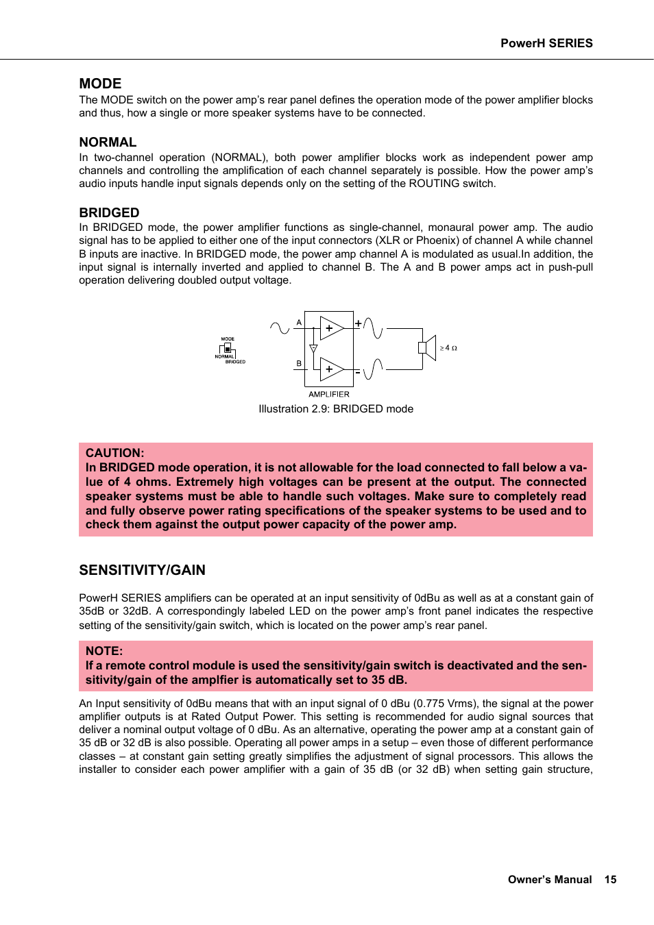 Mode, Sensitivity/gain | Dynacord H 2500 User Manual | Page 15 / 148