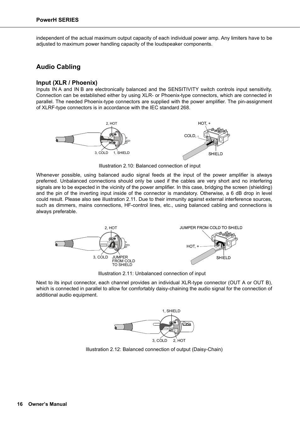 Audio cabling, Input (xlr / phoenix) | Dynacord H 2500 User Manual | Page 16 / 148