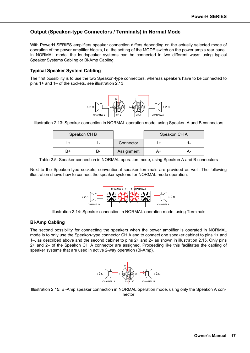 Powerh series, Typical speaker system cabling, Bi-amp cabling | Dynacord H 2500 User Manual | Page 17 / 148