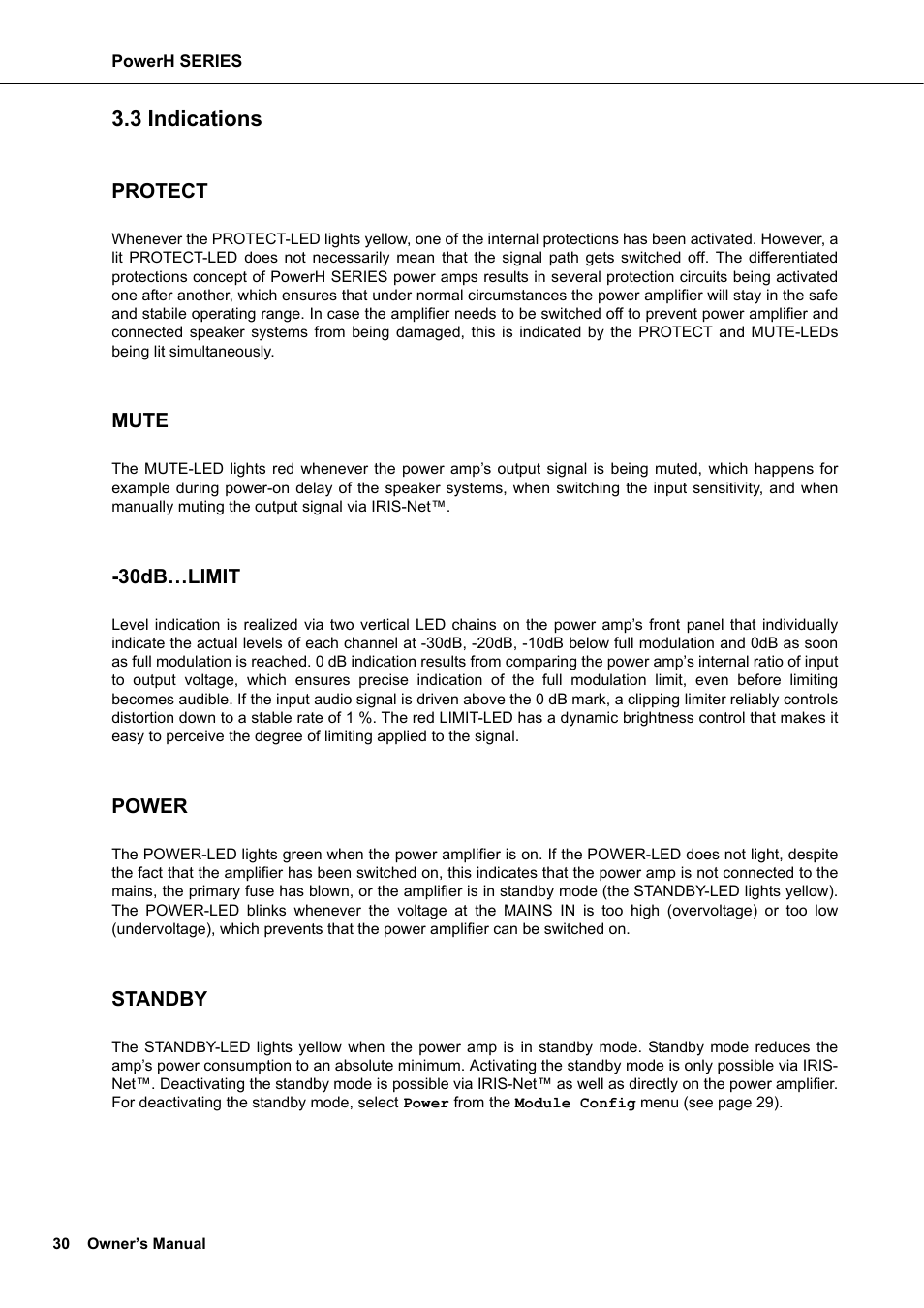 3 indications, Protect, Mute | 30db…limit, Power, Standby, Indications | Dynacord H 2500 User Manual | Page 30 / 148