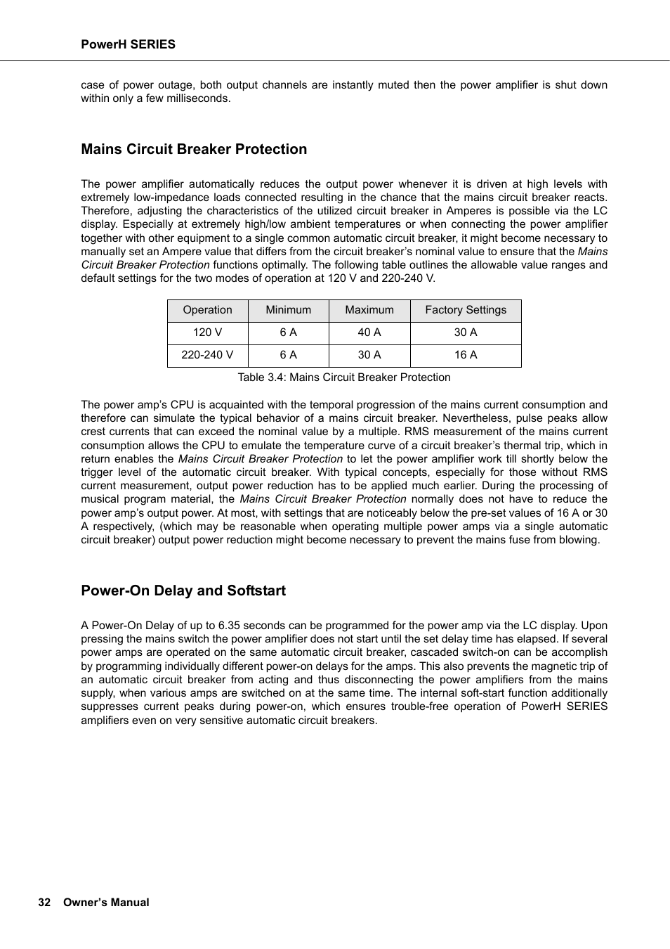 Mains circuit breaker protection, Power-on delay and softstart | Dynacord H 2500 User Manual | Page 32 / 148