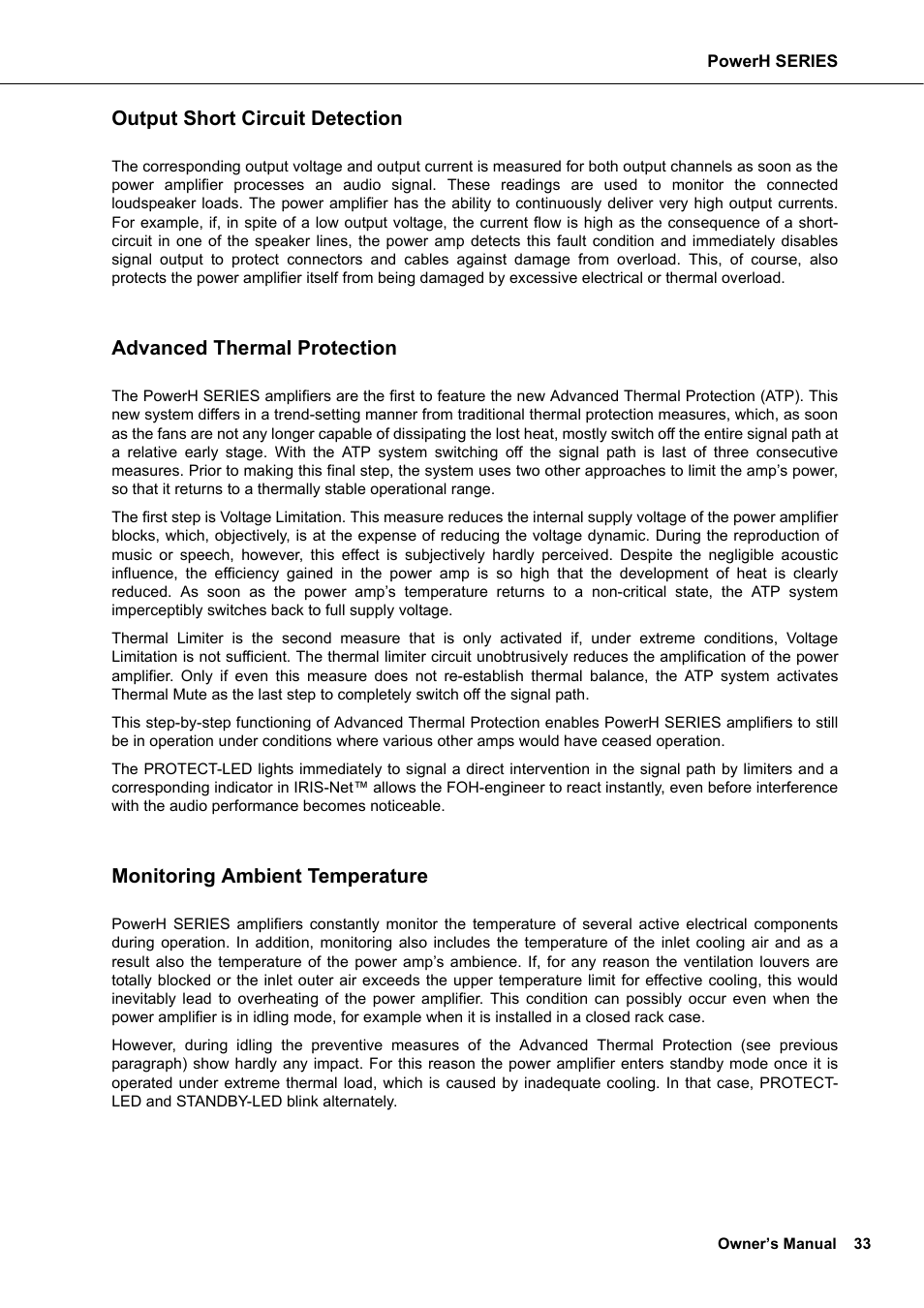 Output short circuit detection, Advanced thermal protection, Monitoring ambient temperature | Dynacord H 2500 User Manual | Page 33 / 148