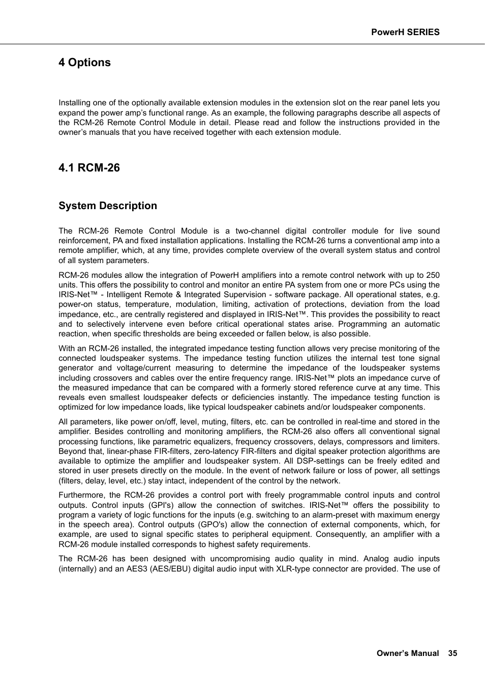 4 options, 1 rcm-26, System description | Options, Rcm-26 | Dynacord H 2500 User Manual | Page 35 / 148
