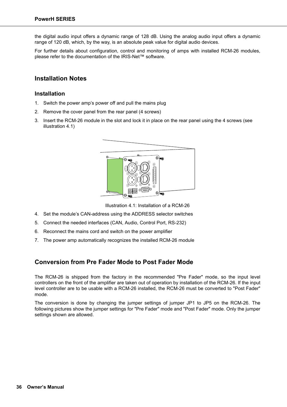 Installation notes, Conversion from pre fader mode to post fader mode | Dynacord H 2500 User Manual | Page 36 / 148