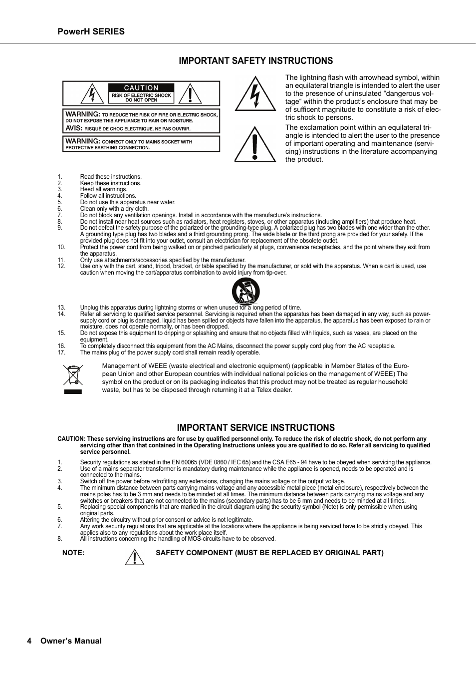 Important safety instructions, Important service instructions, Powerh series | Dynacord H 2500 User Manual | Page 4 / 148