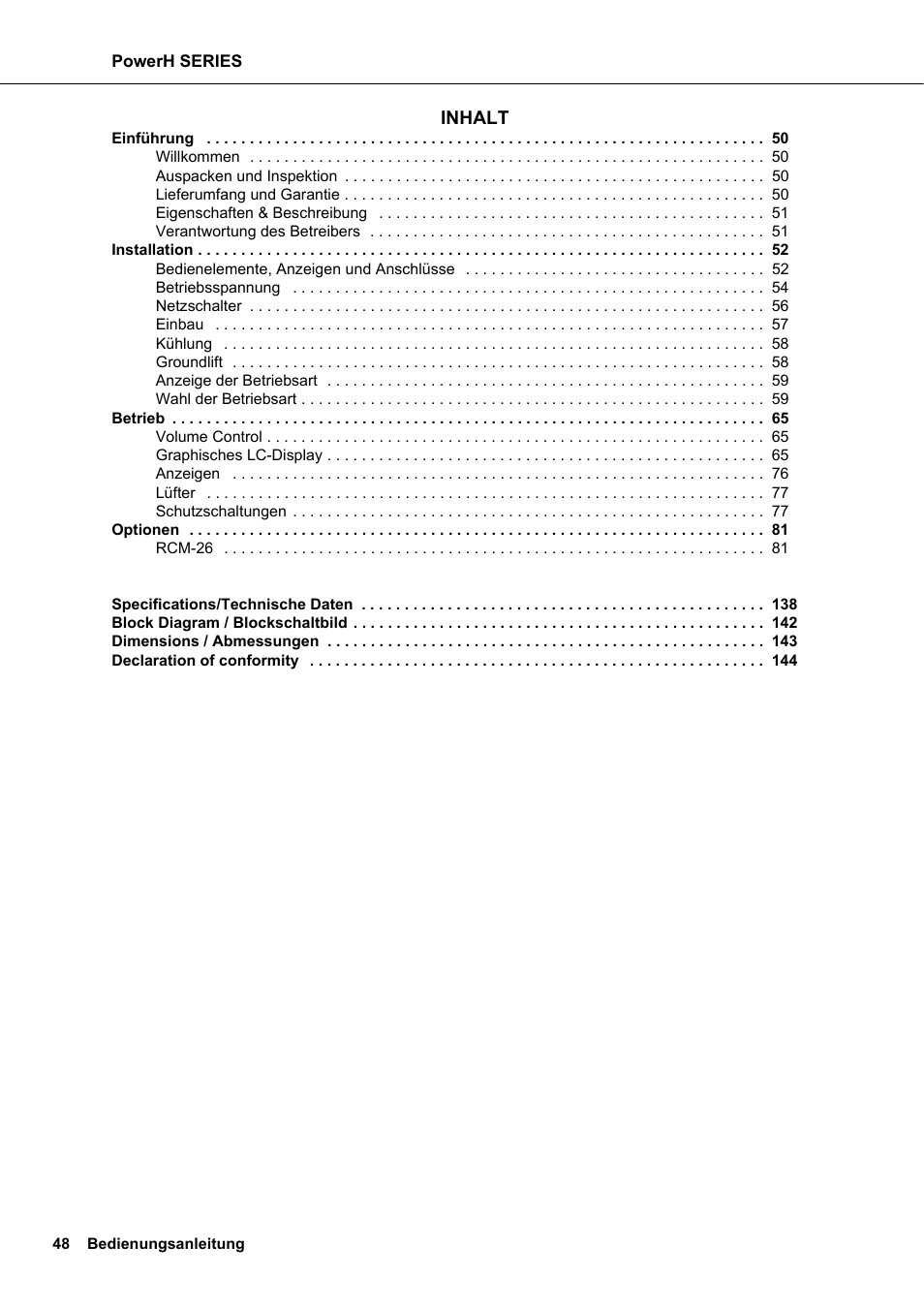 Inhalt | Dynacord H 2500 User Manual | Page 48 / 148