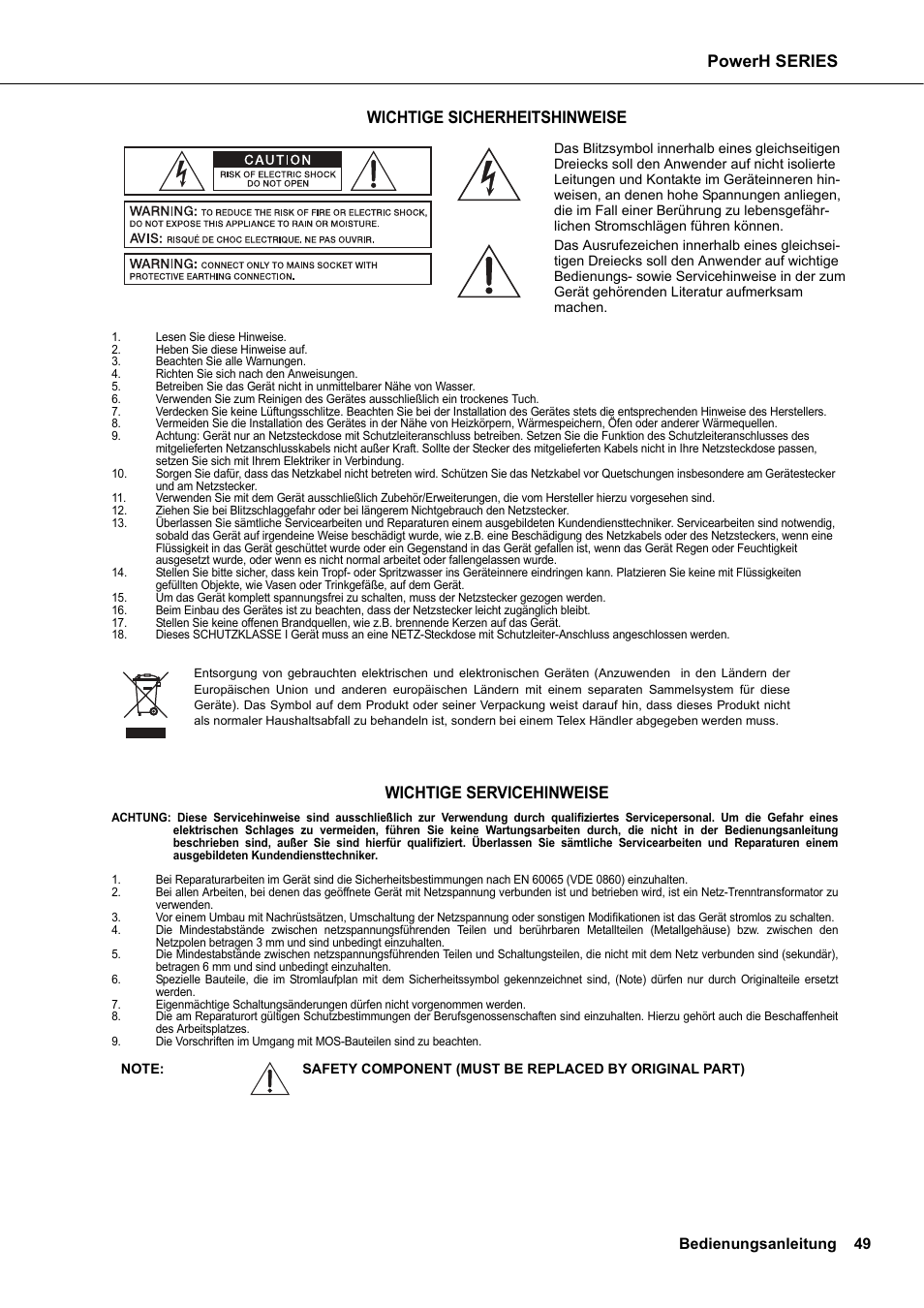 Powerh series, Wichtige sicherheitshinweise, Wichtige servicehinweise | Dynacord H 2500 User Manual | Page 49 / 148