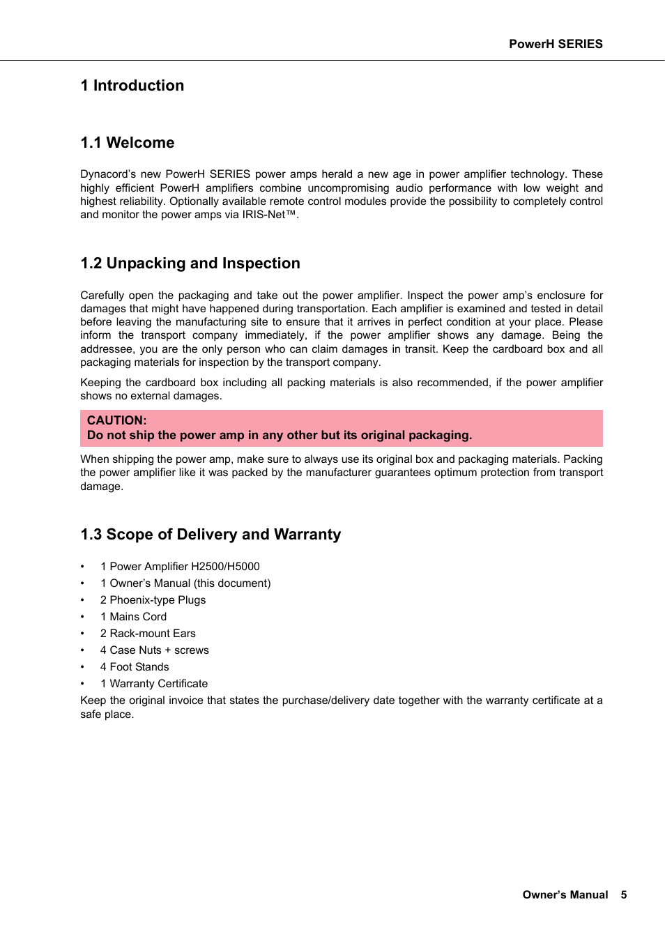 1 introduction, 1 welcome, 2 unpacking and inspection | 3 scope of delivery and warranty, Introduction, 1 introduction 1.1 welcome | Dynacord H 2500 User Manual | Page 5 / 148