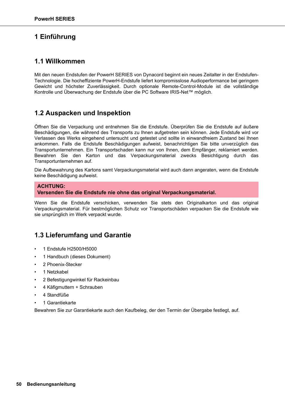 1 einführung, 1 willkommen, 2 auspacken und inspektion | 3 lieferumfang und garantie, Einführung, 1 einführung 1.1 willkommen | Dynacord H 2500 User Manual | Page 50 / 148