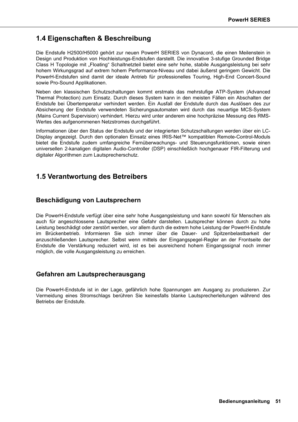 4 eigenschaften & beschreibung, 5 verantwortung des betreibers, Beschädigung von lautsprechern | Gefahren am lautsprecherausgang | Dynacord H 2500 User Manual | Page 51 / 148