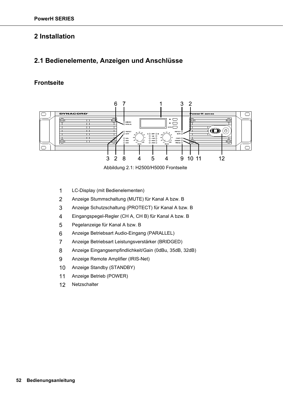 2 installation, 1 bedienelemente, anzeigen und anschlüsse, Frontseite | Installation, Bedienelemente, anzeigen und anschlüsse | Dynacord H 2500 User Manual | Page 52 / 148