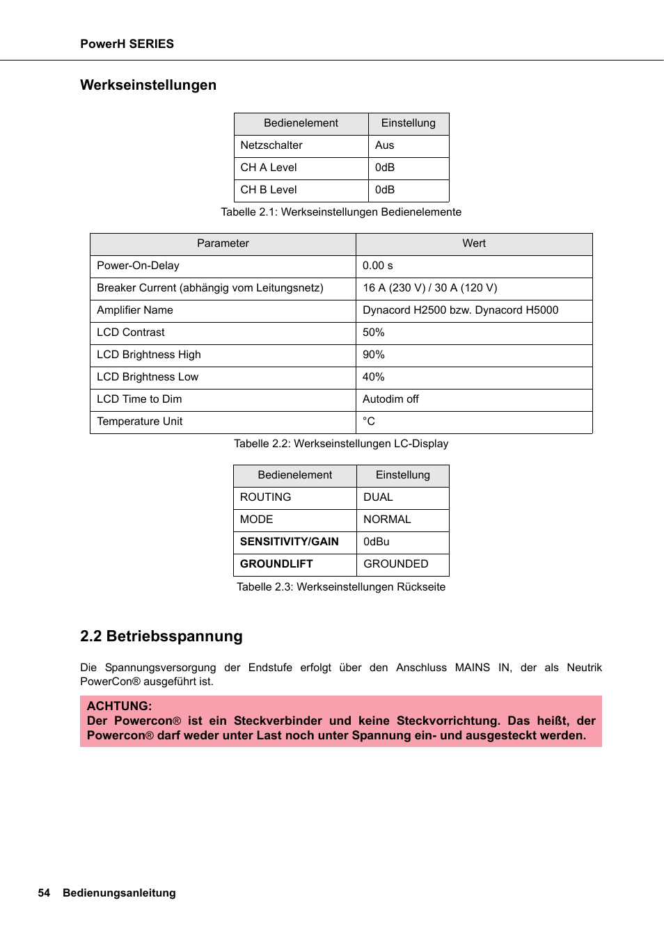 Werkseinstellungen, 2 betriebsspannung, Betriebsspannung | Dynacord H 2500 User Manual | Page 54 / 148