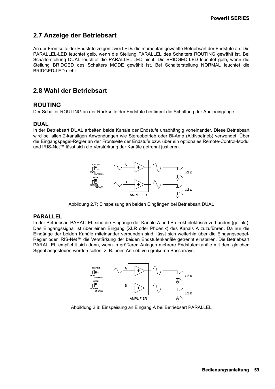 7 anzeige der betriebsart, 8 wahl der betriebsart, Routing | Anzeige der betriebsart wahl der betriebsart | Dynacord H 2500 User Manual | Page 59 / 148