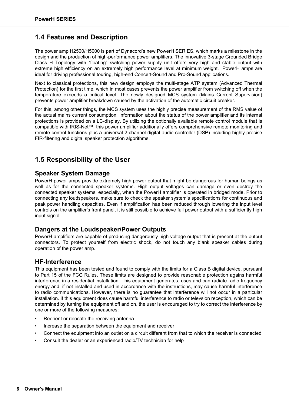 4 features and description, 5 responsibility of the user, Speaker system damage | Dangers at the loudspeaker/power outputs, Hf-interference | Dynacord H 2500 User Manual | Page 6 / 148