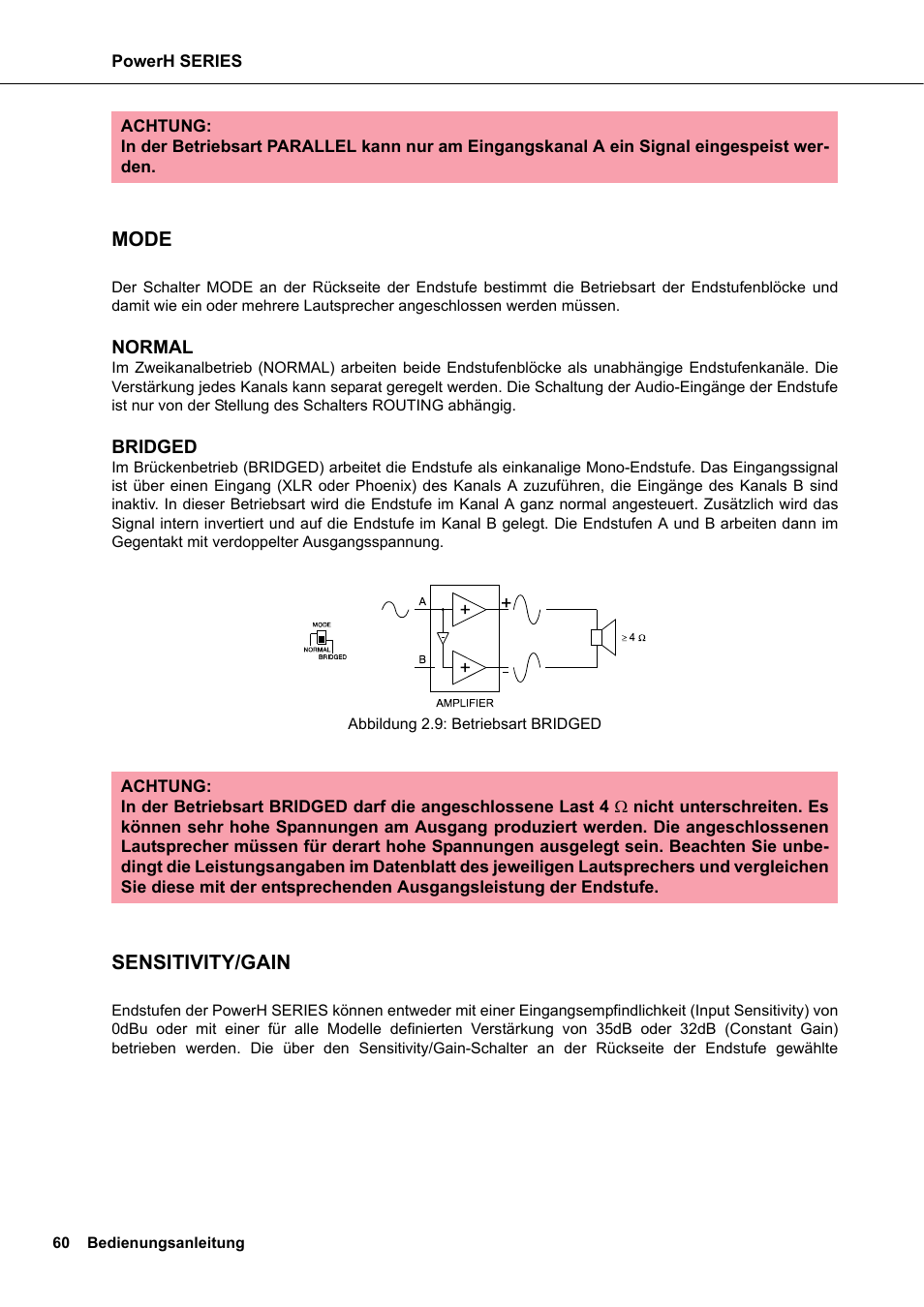 Mode, Sensitivity/gain | Dynacord H 2500 User Manual | Page 60 / 148
