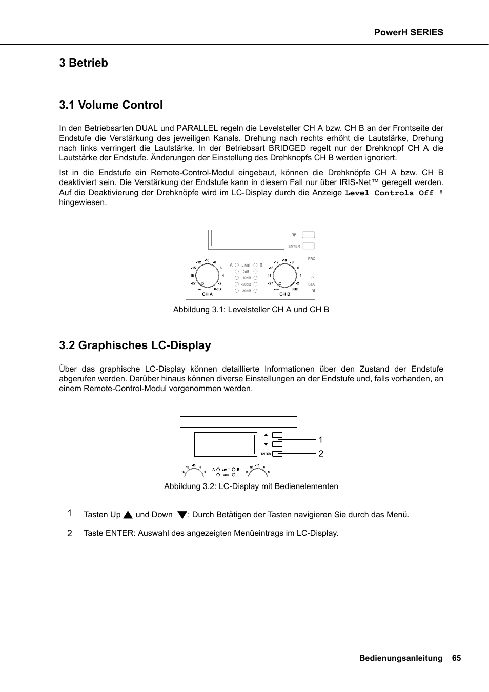 3 betrieb, 1 volume control, 2 graphisches lc-display | Betrieb, Volume control graphisches lc-display, 3 betrieb 3.1 volume control | Dynacord H 2500 User Manual | Page 65 / 148