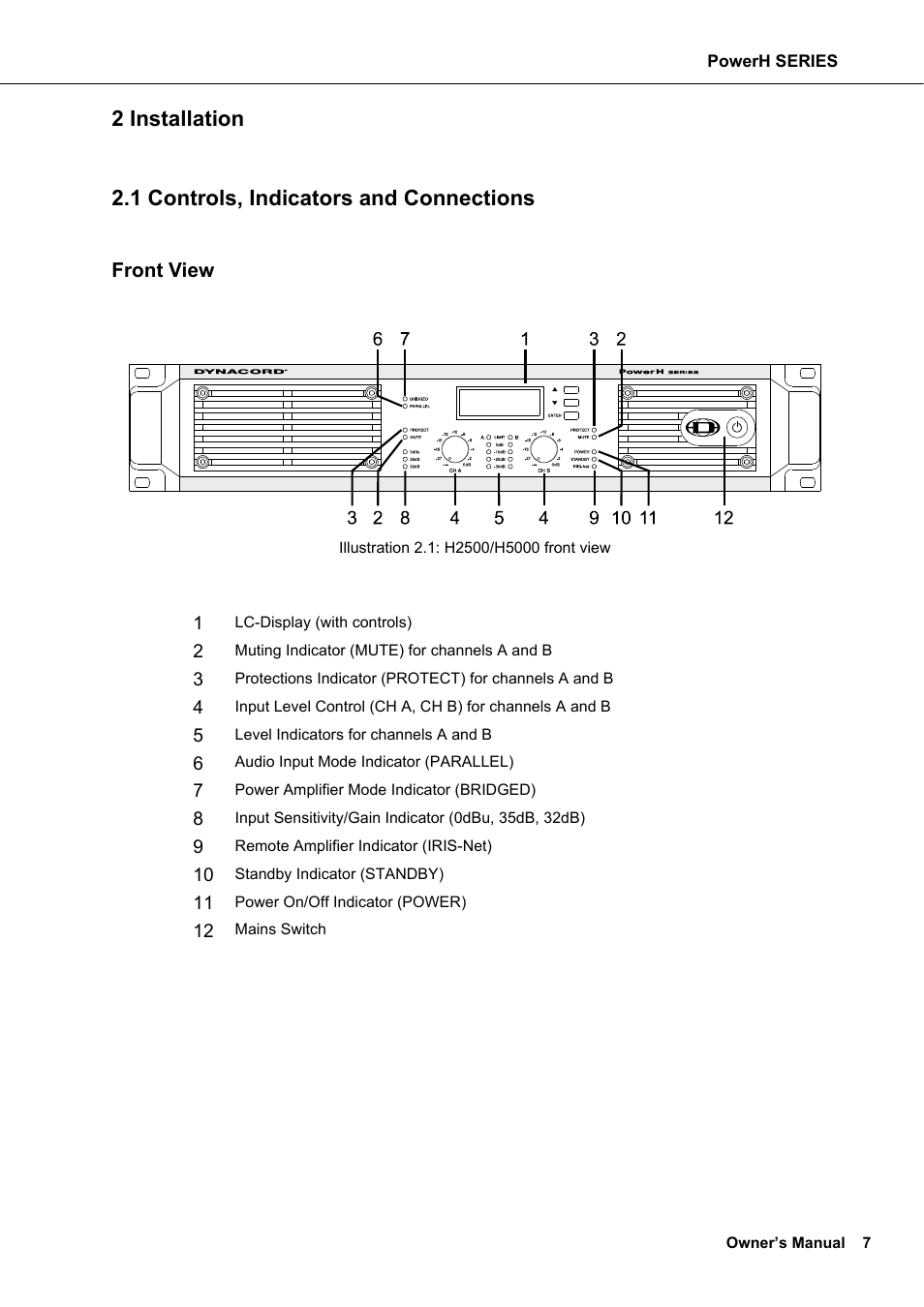 2 installation, 1 controls, indicators and connections, Front view | Installation, Controls, indicators and connections | Dynacord H 2500 User Manual | Page 7 / 148