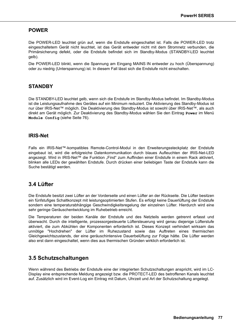 Power, Standby, Iris-net | 4 lüfter, 5 schutzschaltungen, Lüfter schutzschaltungen | Dynacord H 2500 User Manual | Page 77 / 148