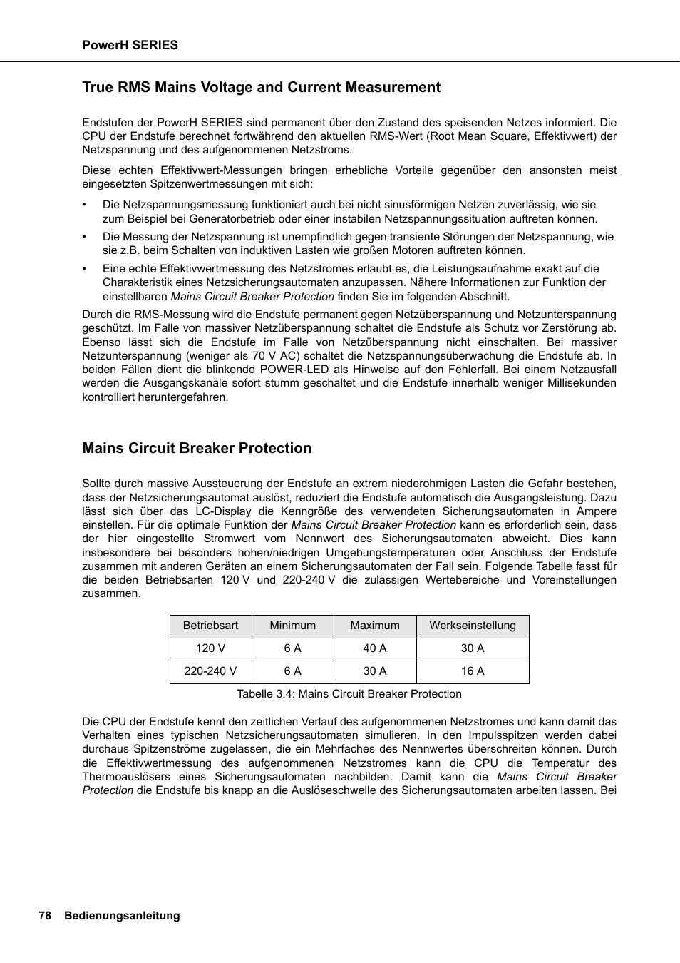 True rms mains voltage and current measurement, Mains circuit breaker protection | Dynacord H 2500 User Manual | Page 78 / 148
