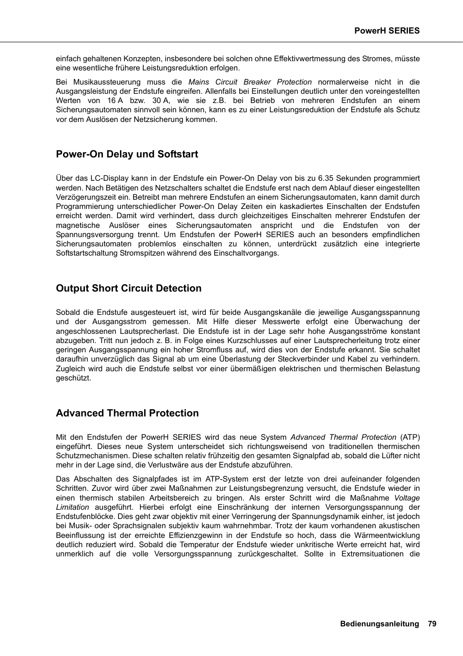 Power-on delay und softstart, Output short circuit detection, Advanced thermal protection | Dynacord H 2500 User Manual | Page 79 / 148