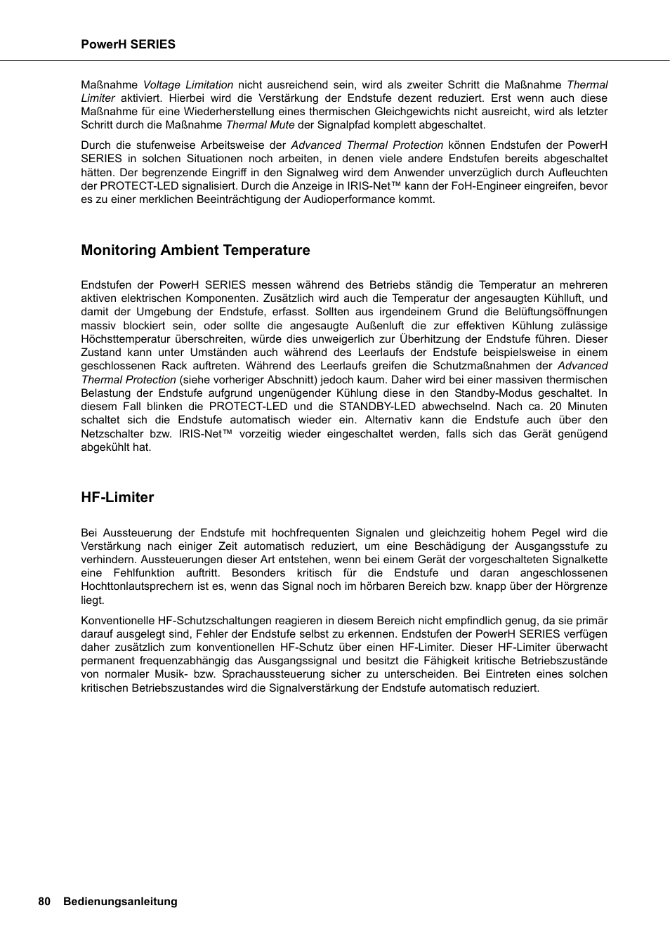 Monitoring ambient temperature, Hf-limiter | Dynacord H 2500 User Manual | Page 80 / 148