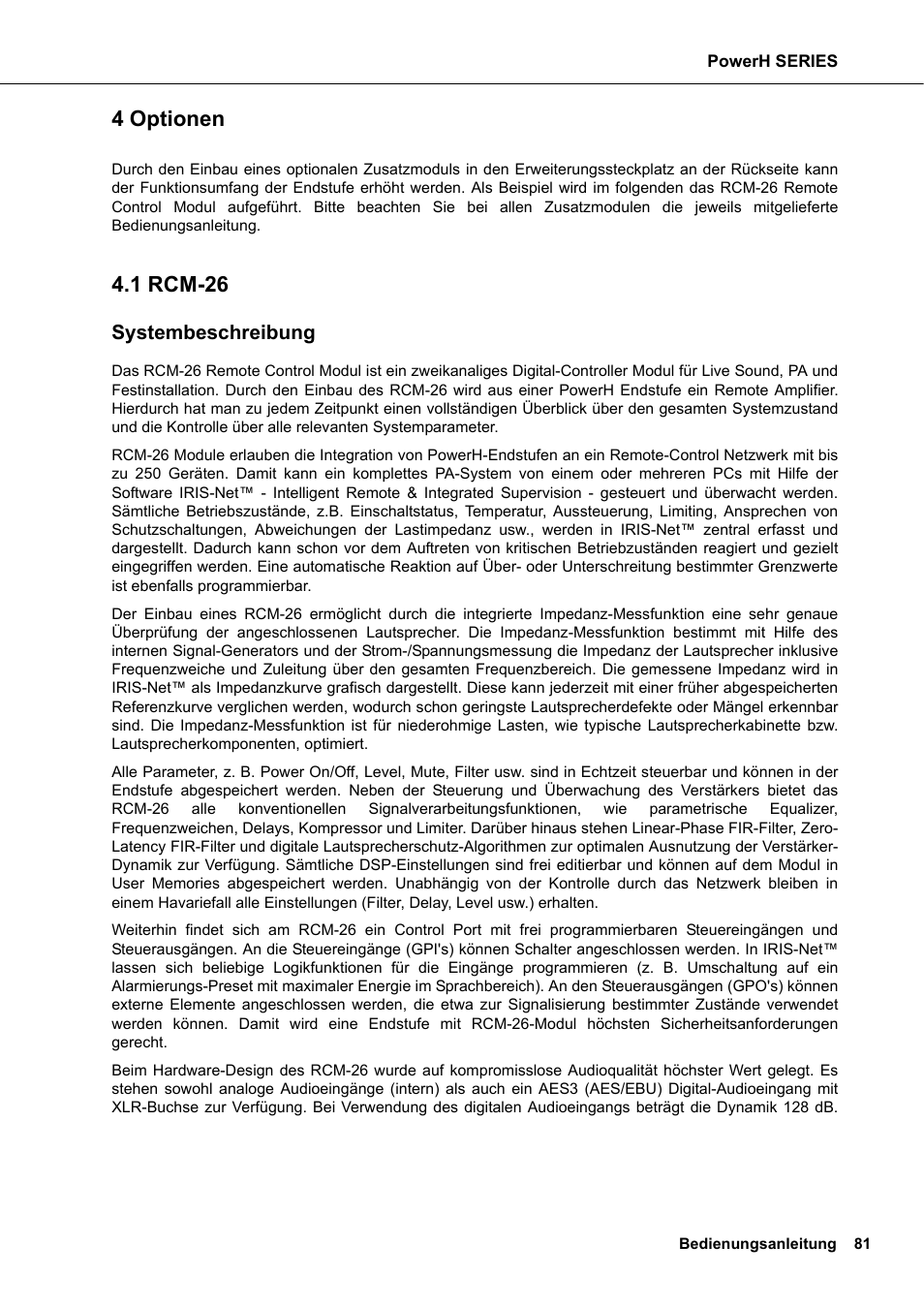 4 optionen, 1 rcm-26, Systembeschreibung | Optionen, Rcm-26 | Dynacord H 2500 User Manual | Page 81 / 148