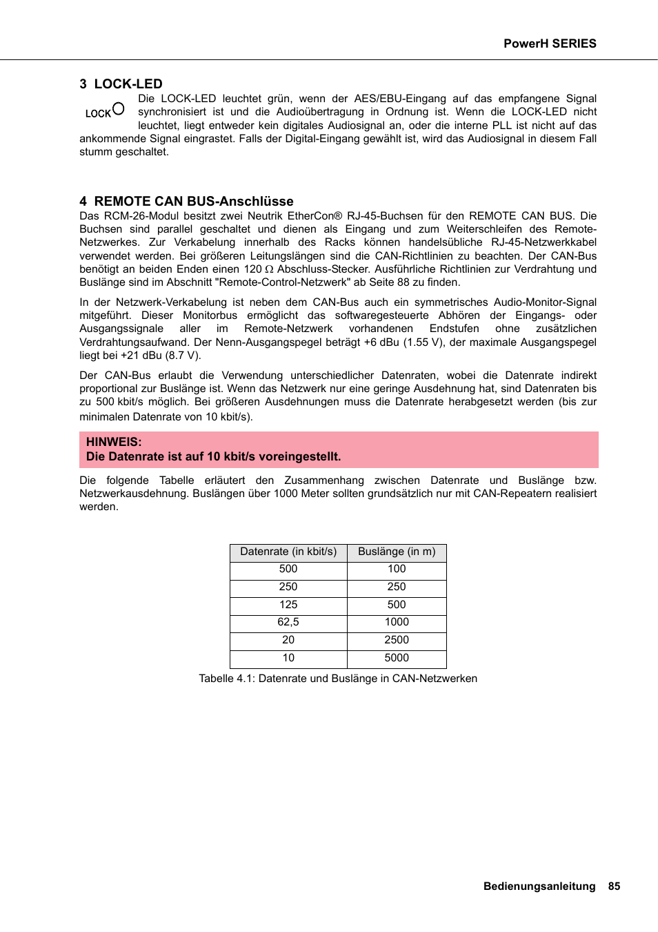 3 lock-led, 4 remote can bus-anschlüsse | Dynacord H 2500 User Manual | Page 85 / 148