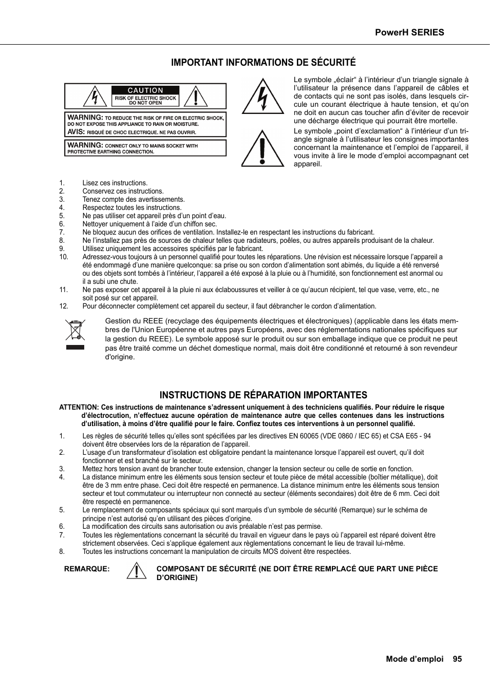 Important informations de sécurité, Instructions de réparation importantes | Dynacord H 2500 User Manual | Page 95 / 148