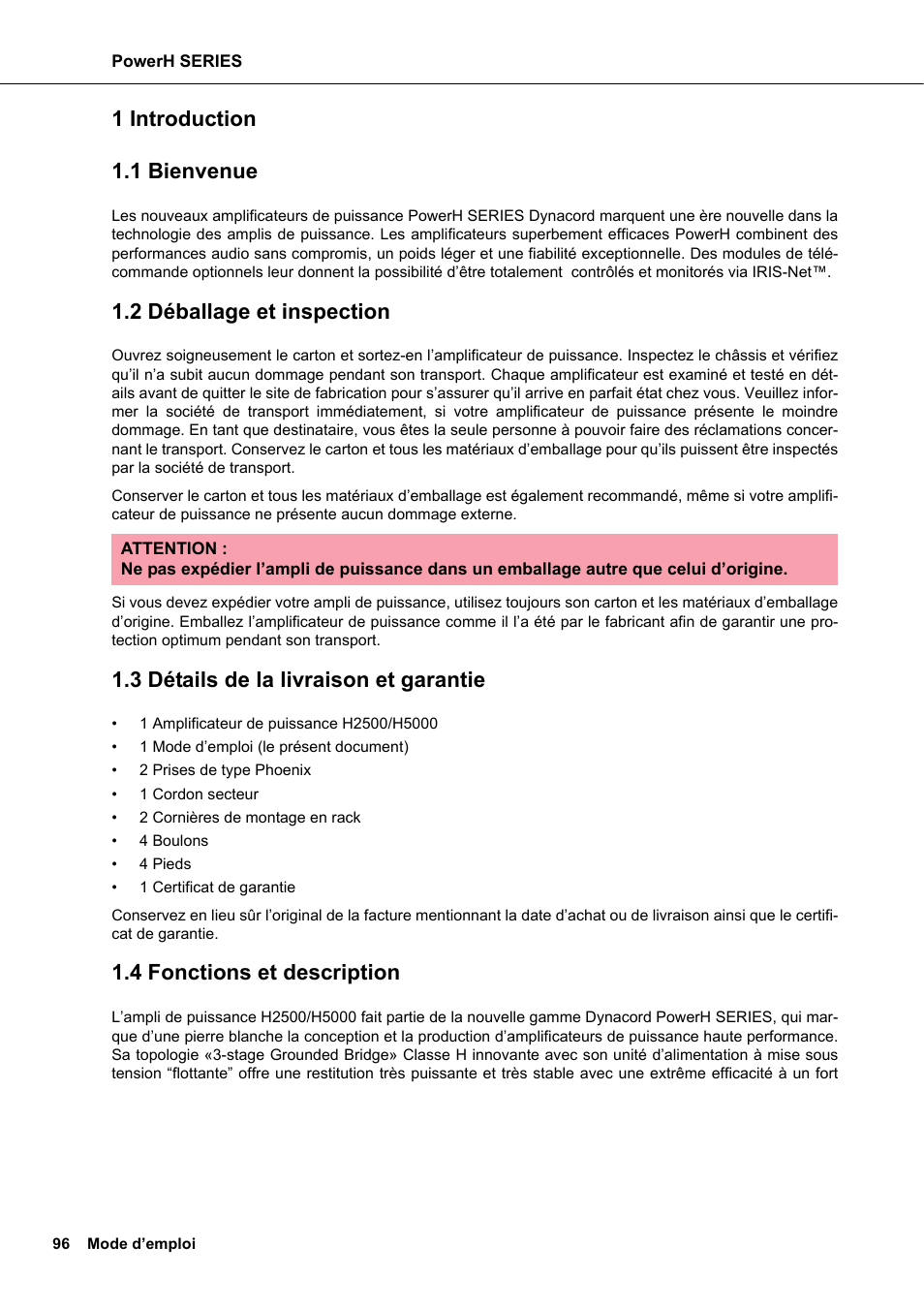 1 introduction, 1 bienvenue, 2 déballage et inspection | 3 détails de la livraison et garantie, 4 fonctions et description, Introduction, 1 introduction 1.1 bienvenue | Dynacord H 2500 User Manual | Page 96 / 148