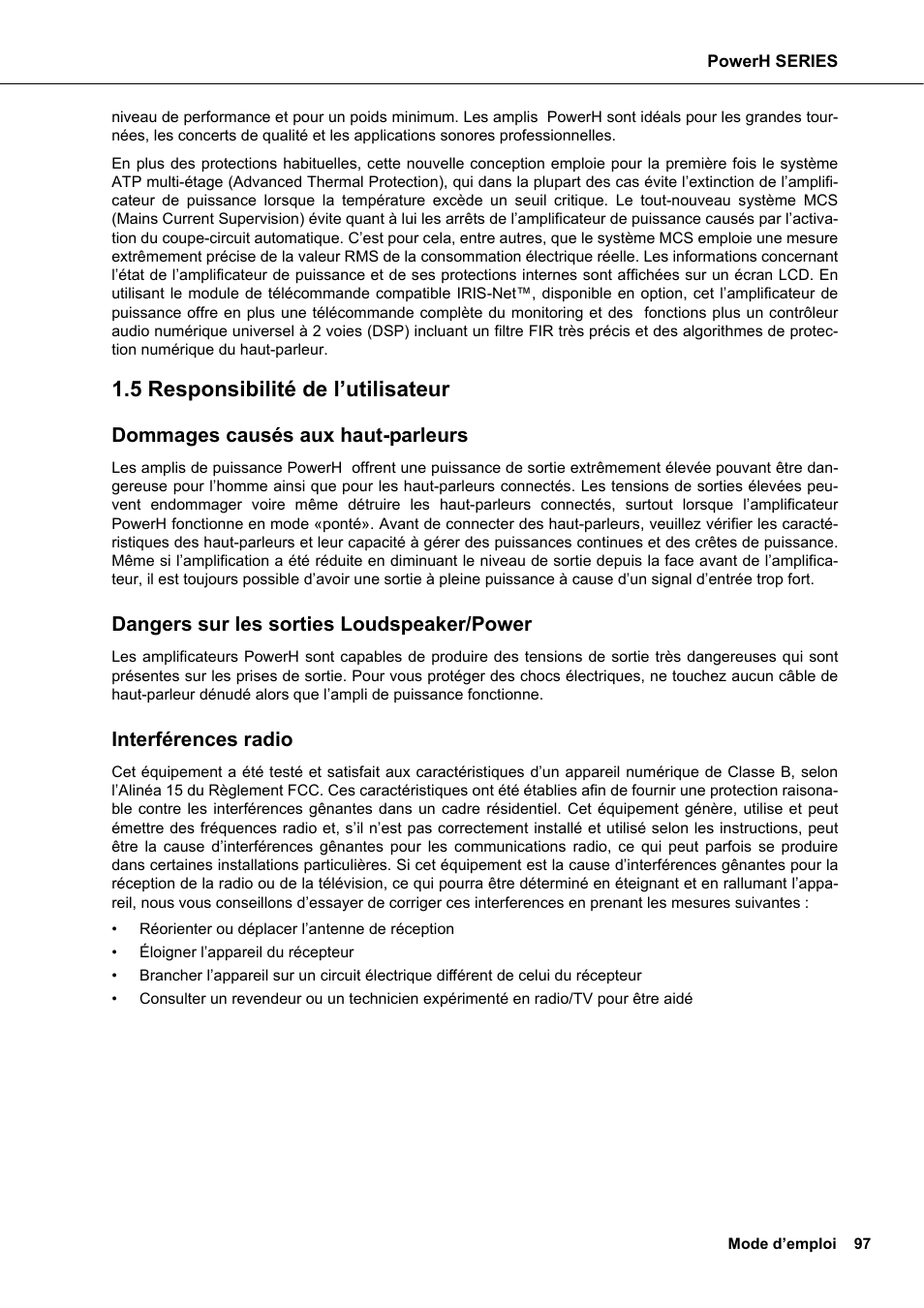5 responsibilité de l’utilisateur, Dommages causés aux haut-parleurs, Dangers sur les sorties loudspeaker/power | Interférences radio, Responsibilité de l’utilisateur | Dynacord H 2500 User Manual | Page 97 / 148