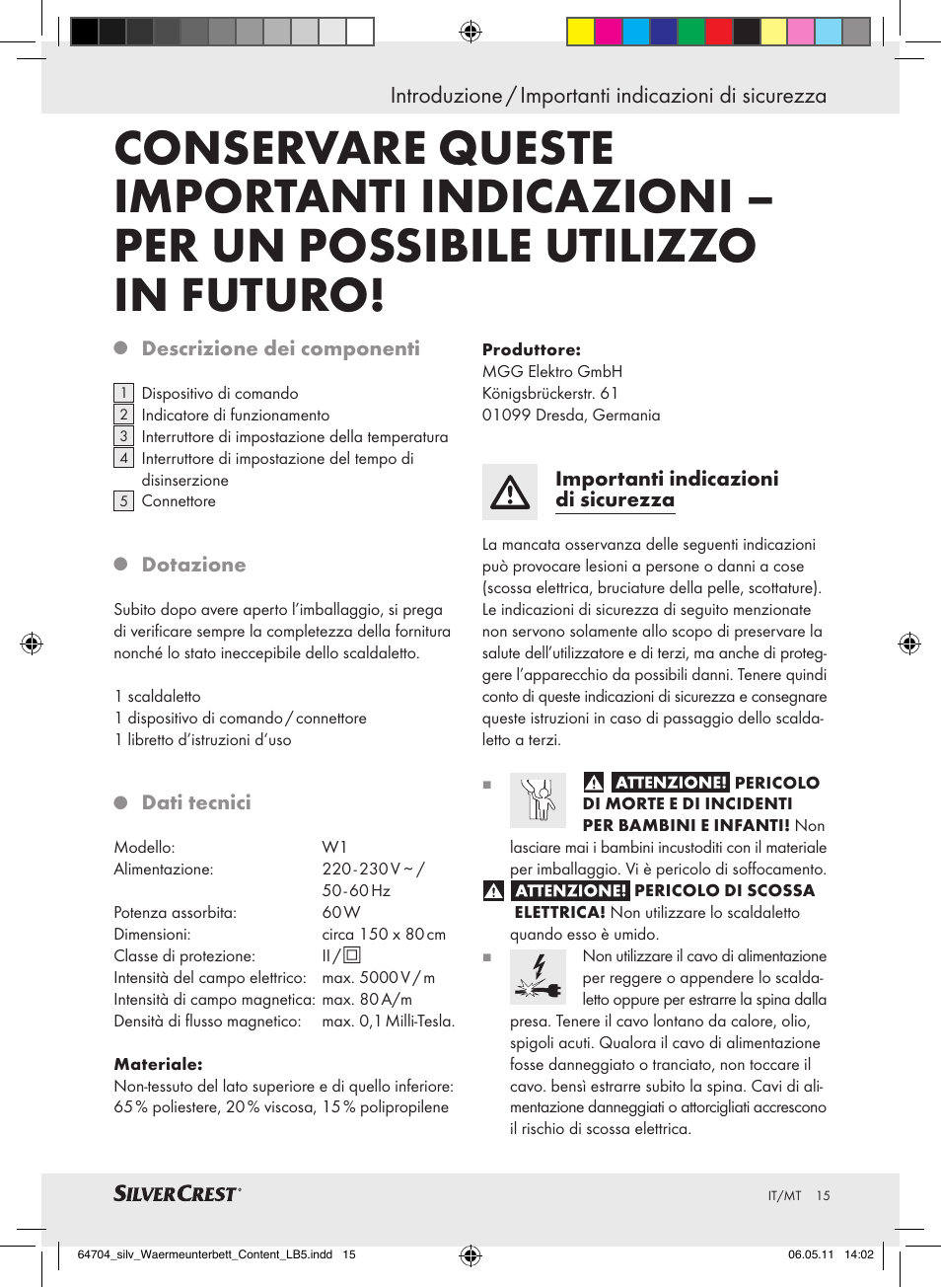Introduzione / importanti indicazioni di sicurezza | Silvercrest Heated Mattress Pad User Manual | Page 11 / 40