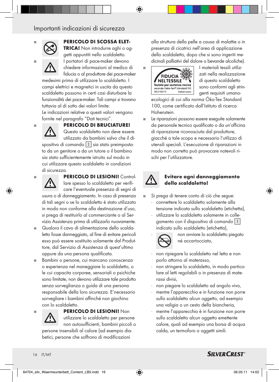 Importanti indicazioni di sicurezza | Silvercrest Heated Mattress Pad User Manual | Page 12 / 40