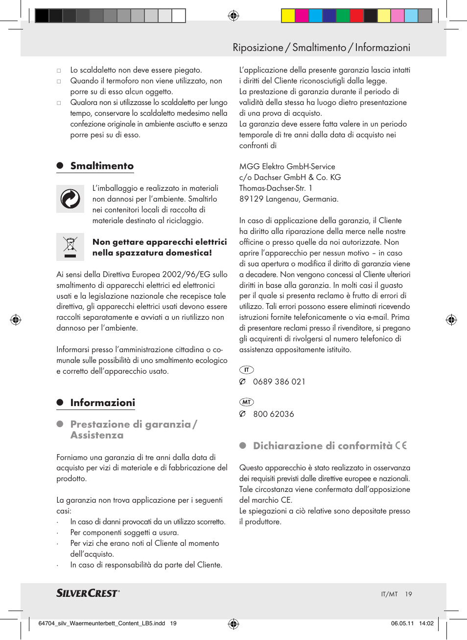 Riposizione / smaltimento / informazioni, Smaltimento, Informazioni | Prestazione di garanzia / assistenza, Dichiarazione di conformità | Silvercrest Heated Mattress Pad User Manual | Page 15 / 40
