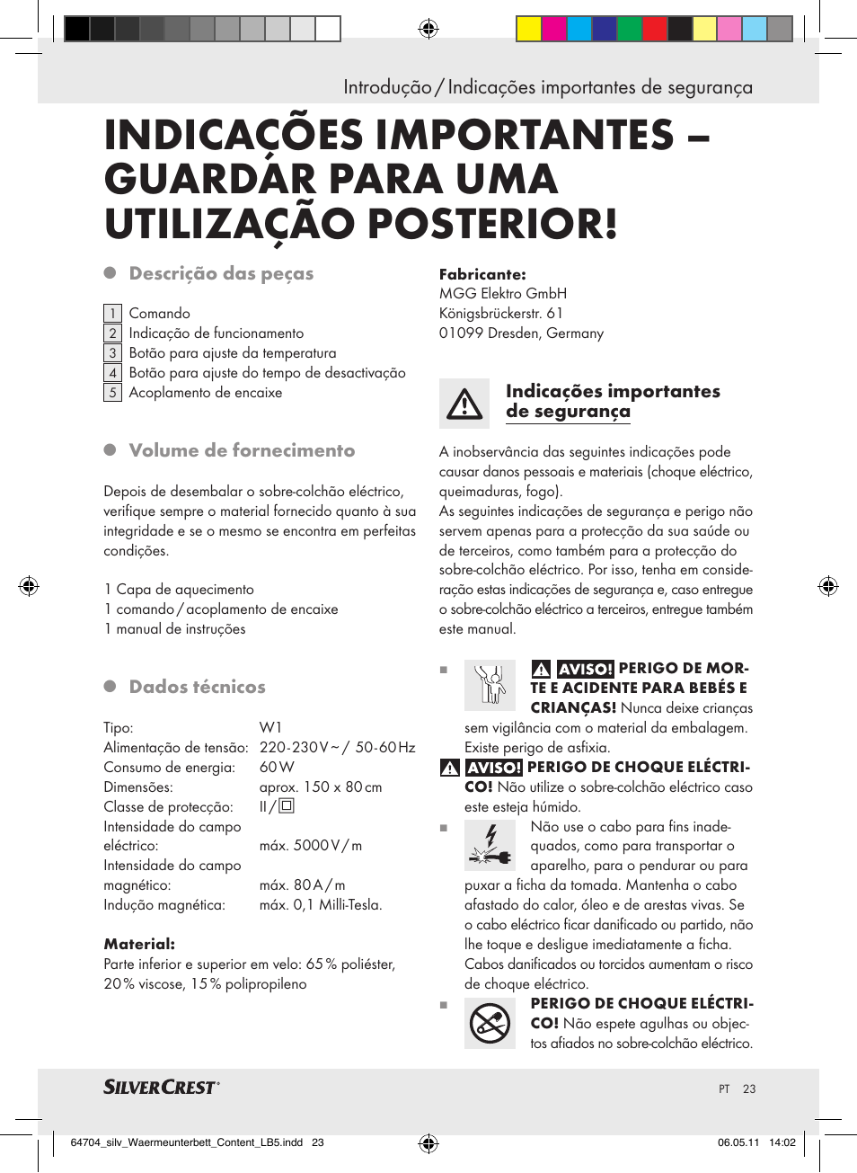 Introdução / indicações importantes de segurança | Silvercrest Heated Mattress Pad User Manual | Page 19 / 40