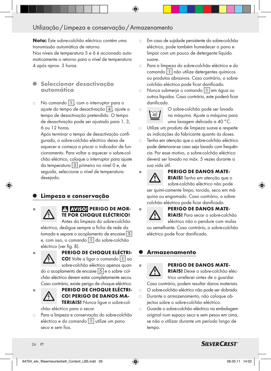 Utilização / limpeza e conservação / armazenamento, Seleccionar desactivação automática, Limpeza e conservação | Armazenamento | Silvercrest Heated Mattress Pad User Manual | Page 22 / 40